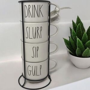 Rea Dunn White Stacking Mugs with Black Text and Stand Nwot